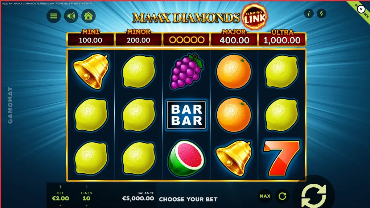 Tampilan visual slot Maaax Diamonds Flaming Link dengan simbol buah dan berlian api.